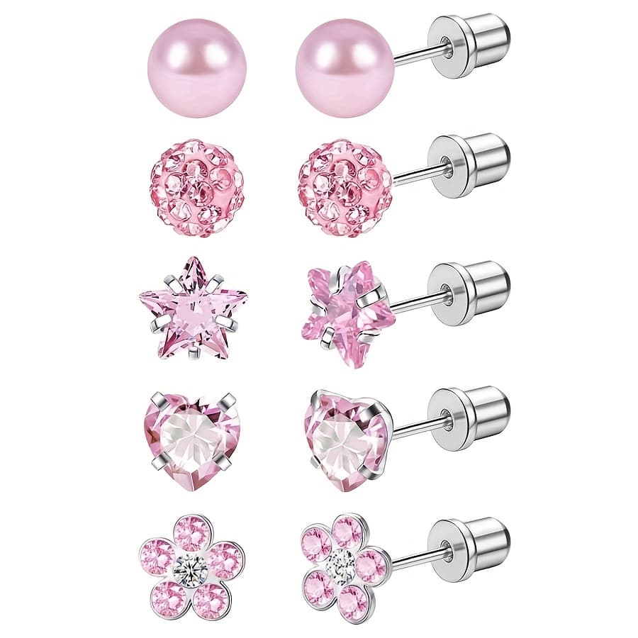 TEMU 5 Pairs Of Screw Back Earrings For Girls - 316l 316l 316l Stainless Steel Earrings With Heart, Star, And Cubic Synthetic Synthetic Zircon​​ Studs, Without Battery