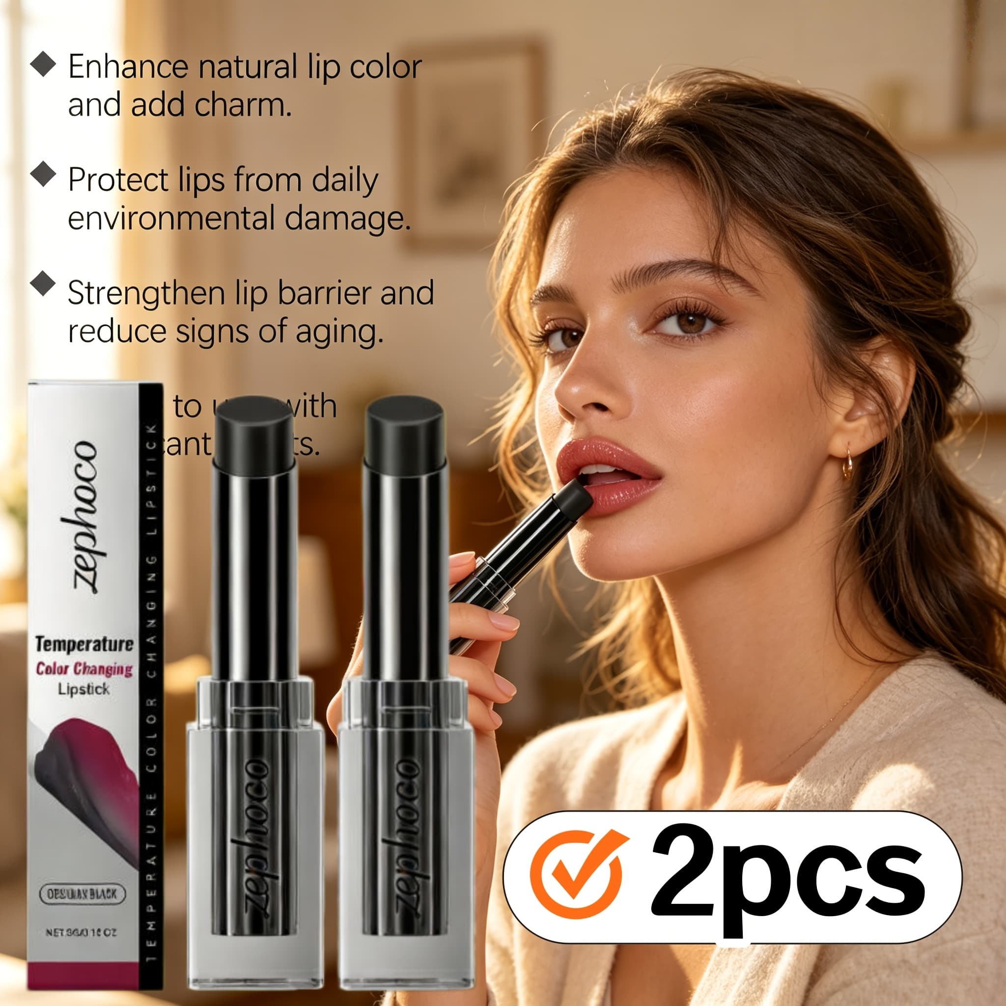 TEMU Set Of 2 Zephoco Obsidian Lipstick That Color With Temperature, Providing Gentle Moisture And Reducing Lip Wrinkles While Softening The Lips