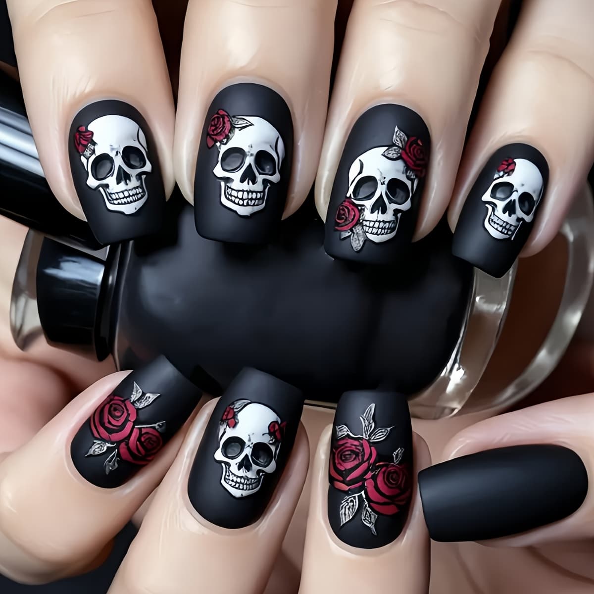 TEMU Halloween Nail Stickers, Medium-length European Square Pattern Press-on Nails, Removable 24pcs Set, , Halloween Fake Nails, Gothic Nails
