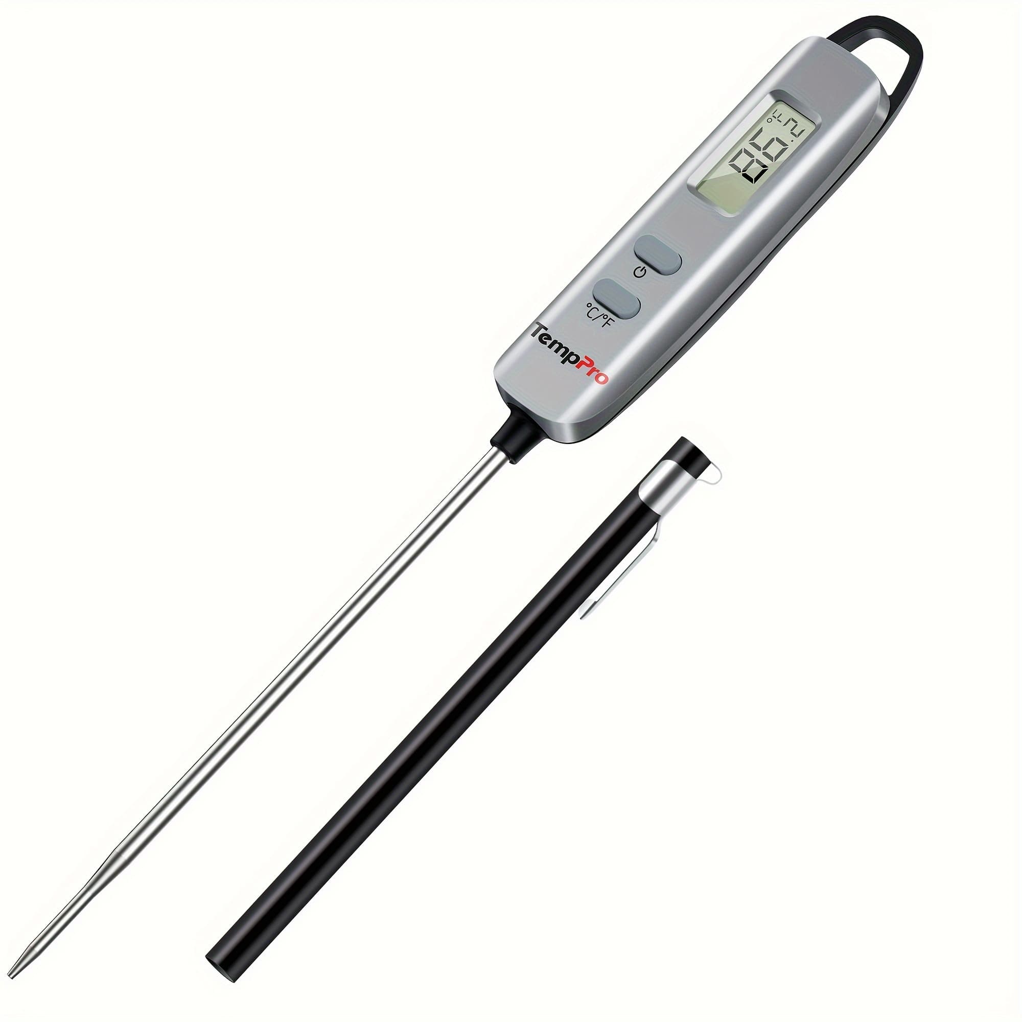 TEMU Temppro Ic6016 Digital Meat Thermometer Instant Read Cooking Food Thermometer With Long Probe For Bbq Grill Oven Deep Fry Thermometer, Silver