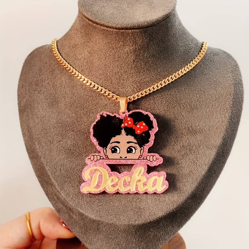 TEMU Custom Acrylic Name Necklace 45cm Cuban Chain Cute Cartoon Double-layer Pendant Personalized English Name Tag Perfect For Back-to-school And Birthday Gifts