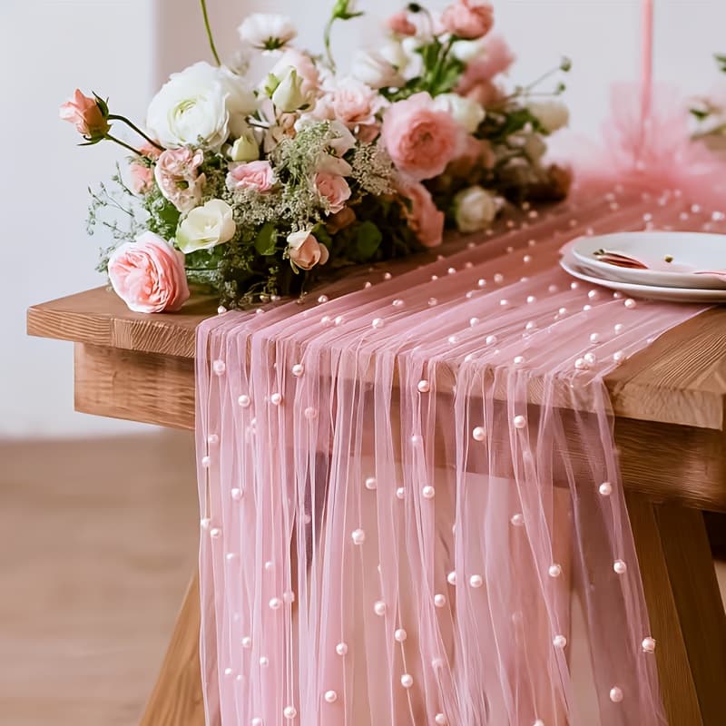 TEMU Pink Sheer Pearl Table Runner | Soft Tulle Blush , 118'' Extended Length, Polyester, Suitable For Weddings, Valentine's Day, Bridal Showers, Dessert Table Decor