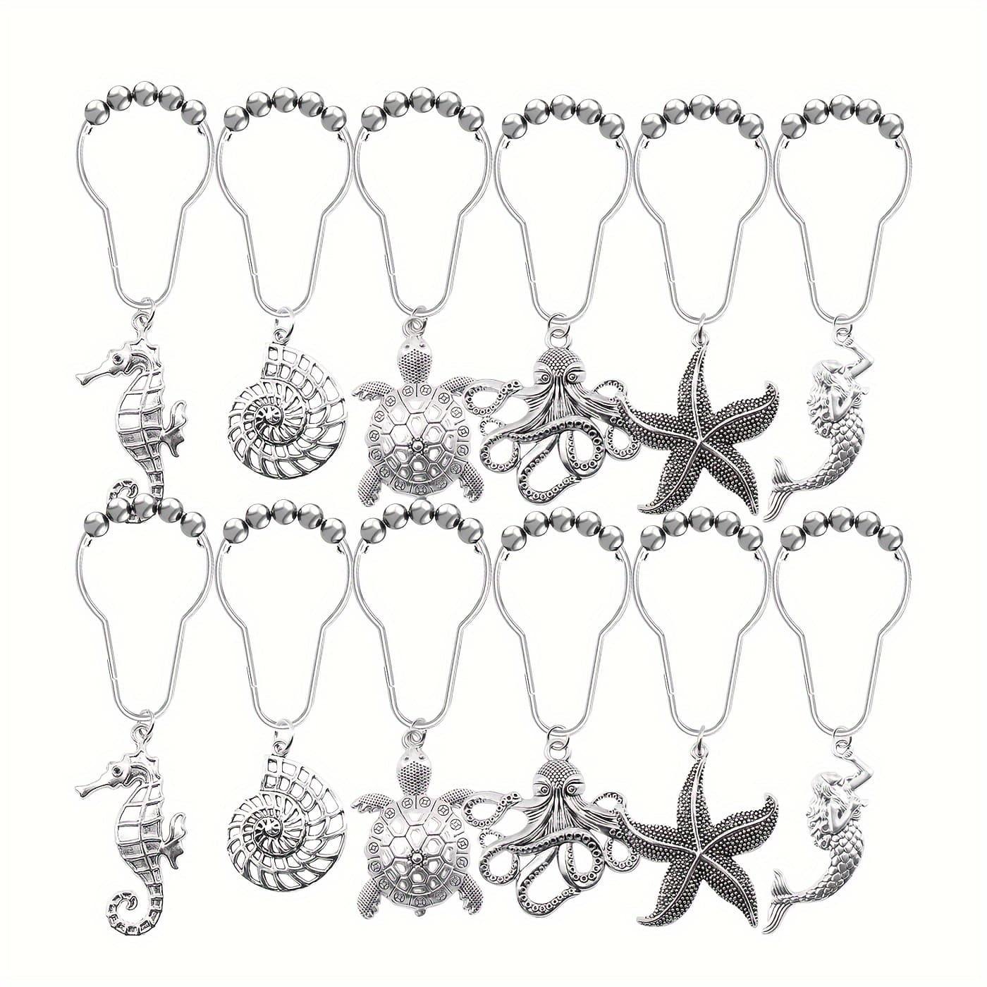 TEMU Set Of 12 Decorative Shower Curtain Hooks Featuring Marine Creatures Like , Octopuses, Turtles, , Mermaids, And Conchs