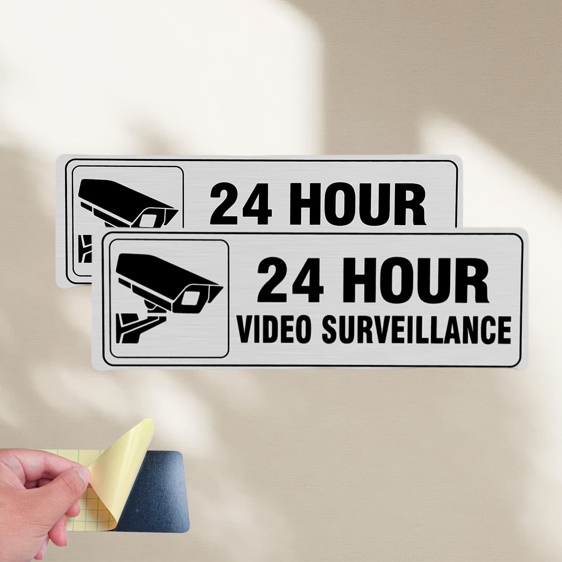 TEMU 1/2pcs 24 Hour Video Surveillance Sign Silvery Security Camera Sign, Self-adhesive Alarm Door Wall Sign, Suitable For Commercial Restaurant, Home Security, Private Property, No Trespassing