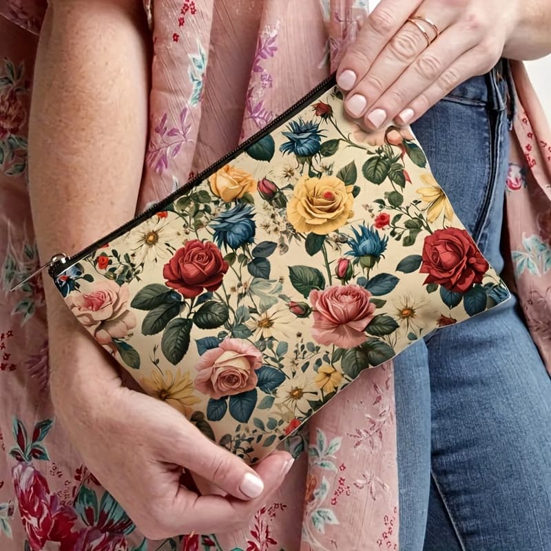 TEMU 1pc Beauty Tool Makeup Bag, Multi-functional Storage Bag, Retro Floral Pattern, Literary Style, Suitable For Women' Use, Suitable For Travel And Going Out