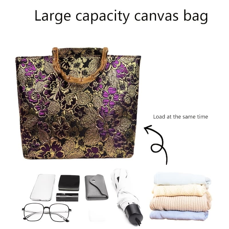 TEMU Large Capacity Double-sided Pattern Handbag With Fabric, Elegant Purple And Golden Color, Zipper Closure, Work Or Travel, An Gift