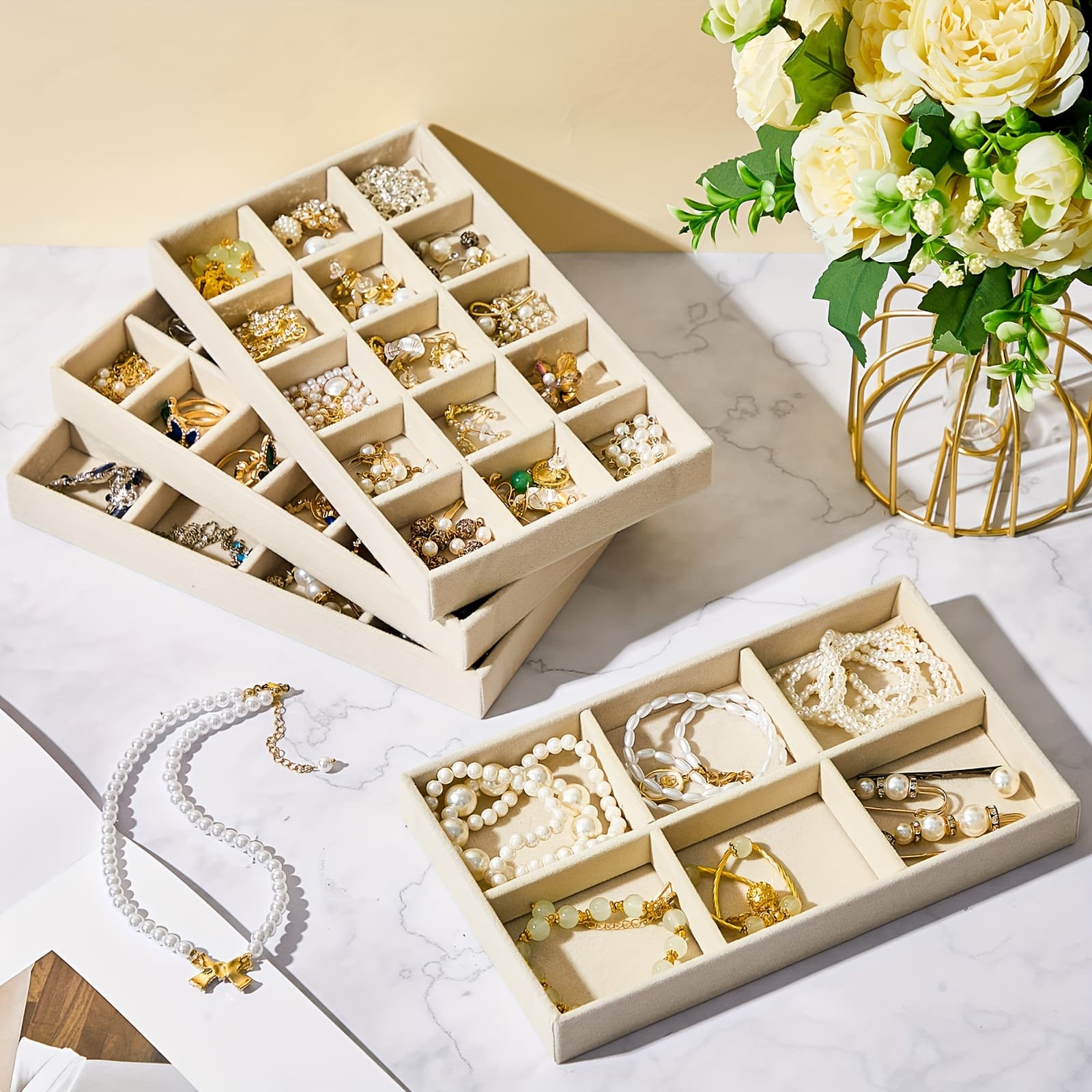 TEMU 12pcs Jewelry Tray Velvet Stackable Jewelry Organizer Trays Divided Earring Accessories Jewelry Organization Storage Containers Box Gift For , Jewelry Trays