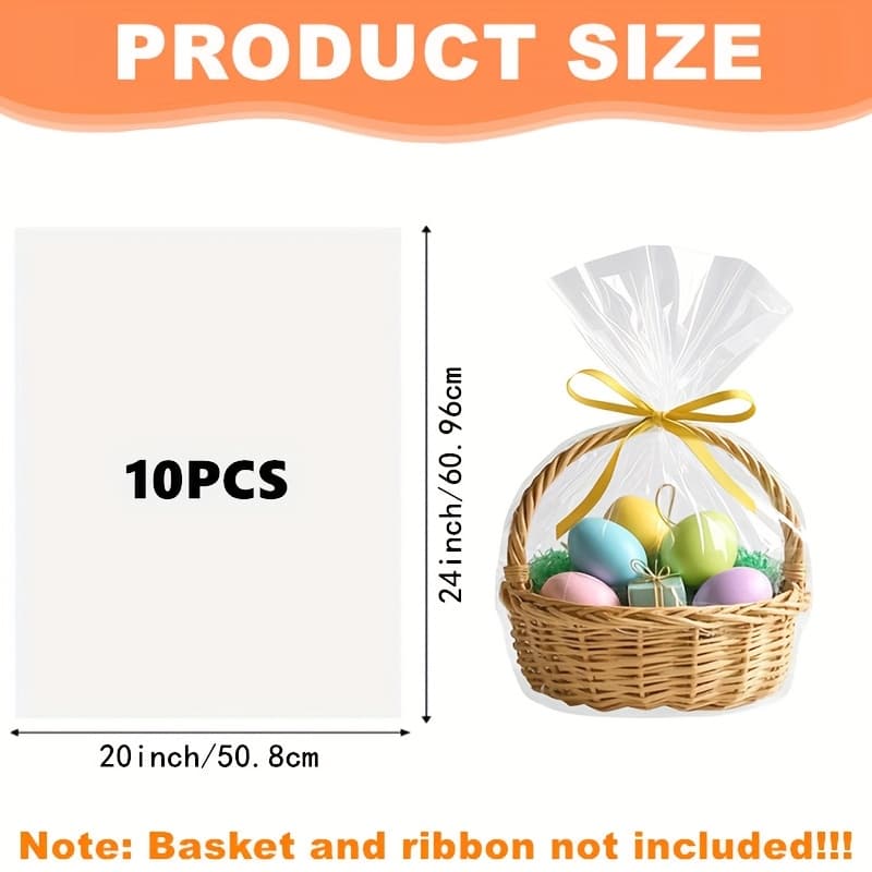 TEMU 10pcs Large Shrink Wrap Bags For Gift Baskets 14x18/18x19/20x24 Inch Clear Cellophane Basket Bags Pvc Heat Seal Gift Bag For Easter Halloween Christmas Valentine's Day