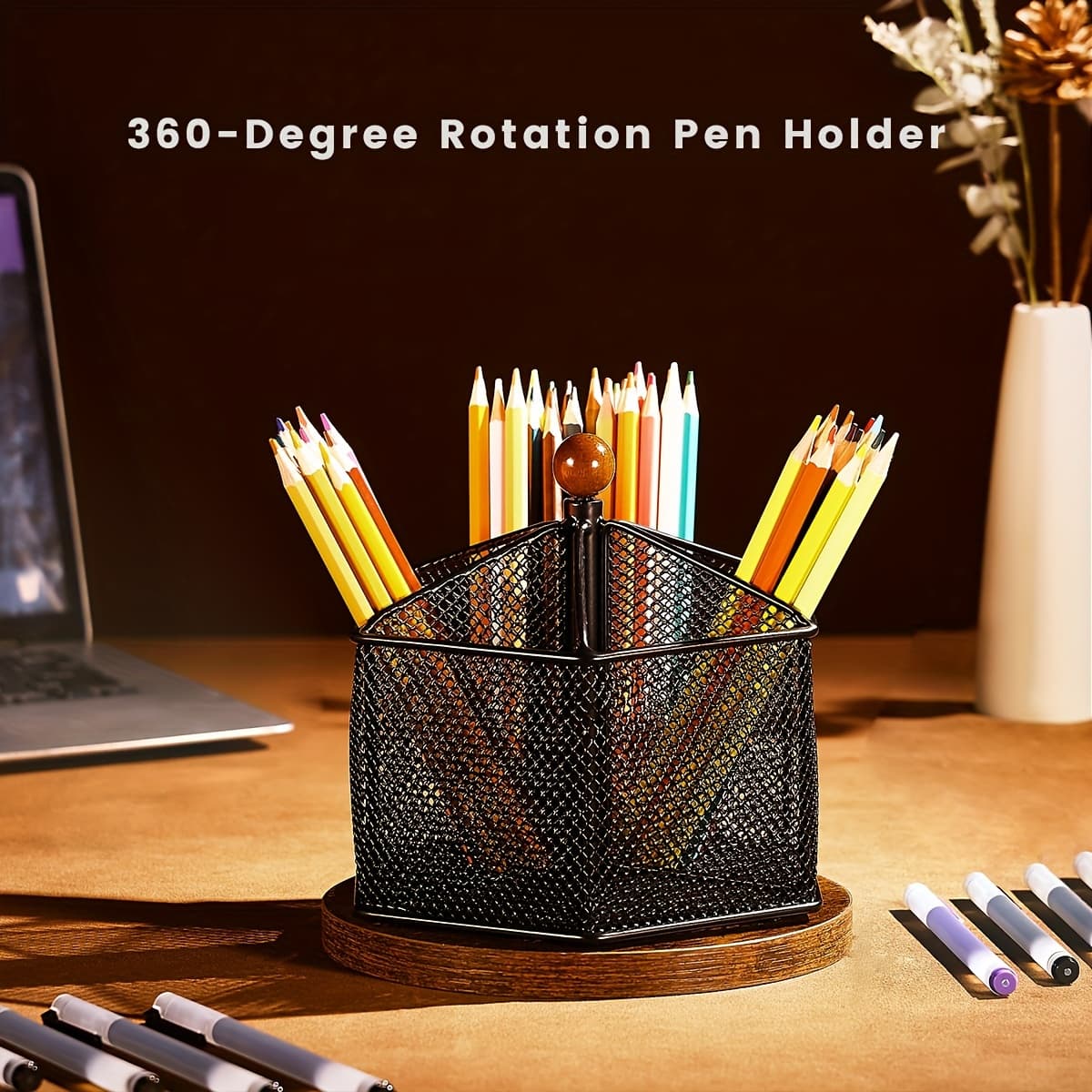 TEMU Desk Organizer Pencil Holder For Desk Pencil Holder Hexagonal 360 Degree Swivel Desk Organizer Cute Pencil Cup Pot Suitable For Office, School, Home, Art Supplies (black), Christmas, Thanksgiving