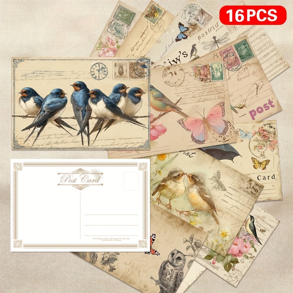 TEMU 16 Sets Vintage Flower & Bird Postcard Collection - English Language Cards With Farewell//wishes/congrats Messages, Sets For Wall Decor, Here Keepsakes For Or Office Use,