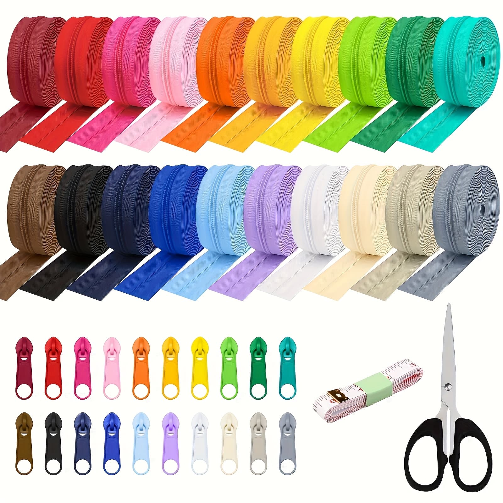 TEMU 60 Yards 20pcs Colors Sewing Zippers Bulk #5 Nylon Coil Zippers, With 200pcs Pull Heads, For Diy Sewing Crafts Zipper Tape For Clothes, Bag, Purse Making Supplies Kit