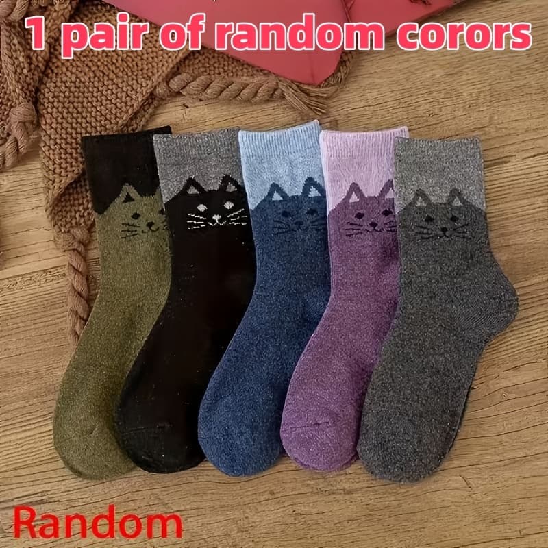 TEMU Autumn/winter Style 1 Pair Random/5 Pairs Unisex Comfortable Warm Cat Pattern Mid-calf Socks