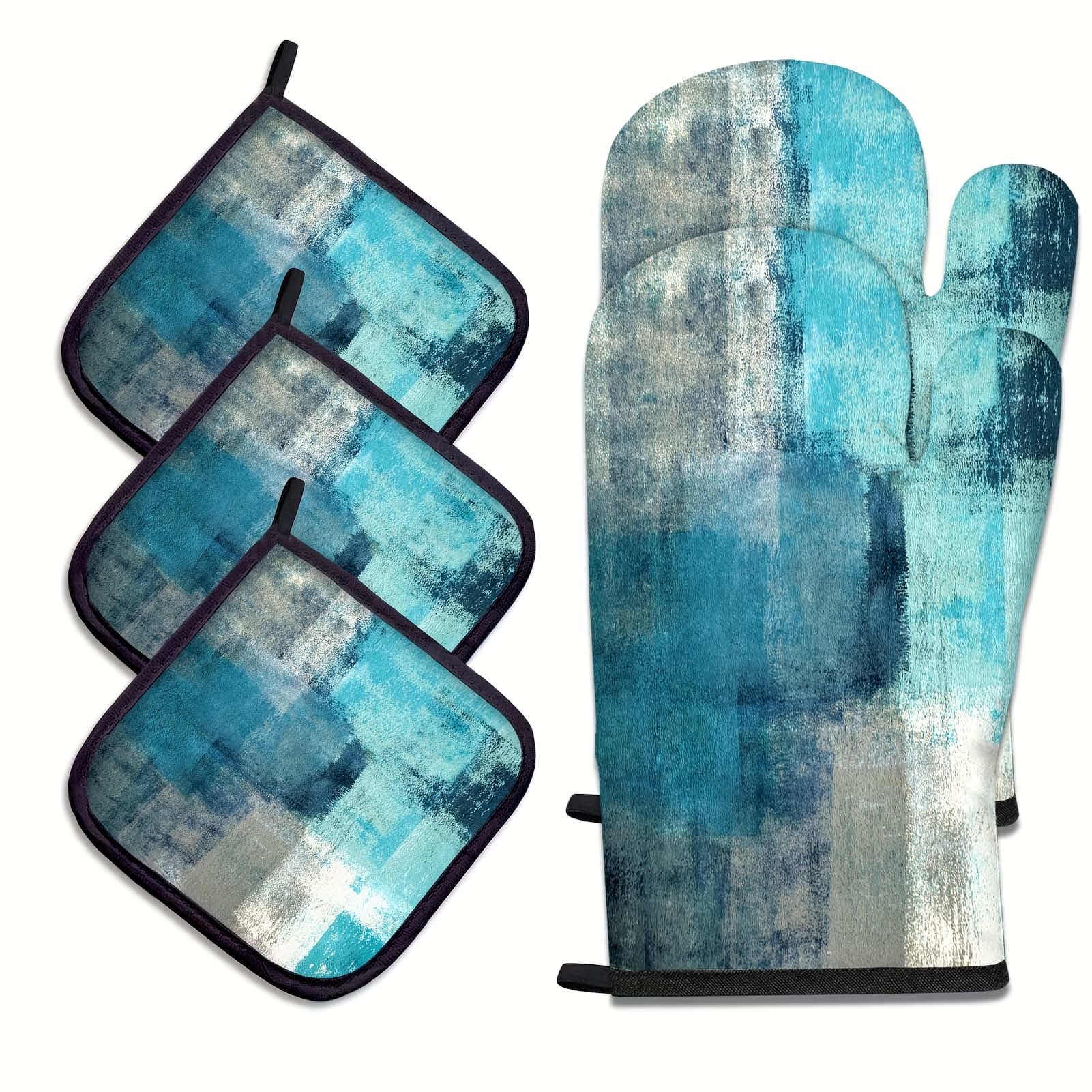 TEMU Of 5 Turquoise Abstract Oven Mitts And Pot Holders, Featuring Modern Gloves And Hot Pads For Cooking, Combining Functionality With