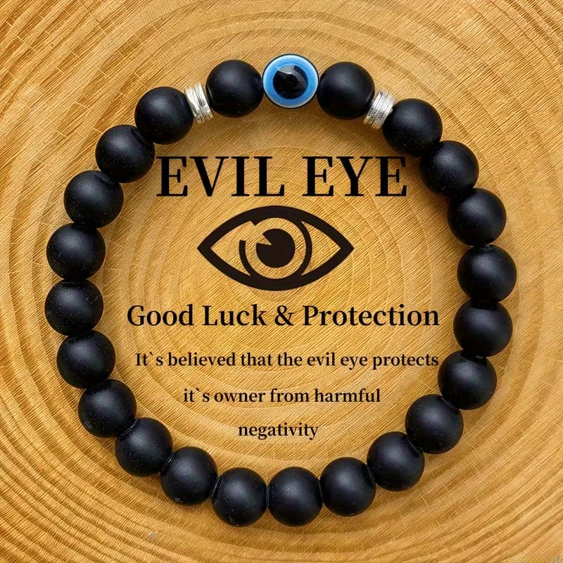 TEMU Unisex Evil Eye Bead Bracelet - 1pc, Bohemian Jewelry With Birthstone And Black & Accents, Gift For Valentine's Day, Birthday, And Wear