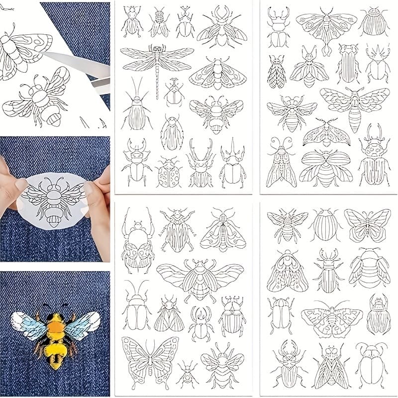 TEMU 4 Sheets A4 Dragonfly Insect Pre-printed Water-soluble Embroidery Set, With 50 Patterns, Suitable For Sewing And Knitting Enthusiasts