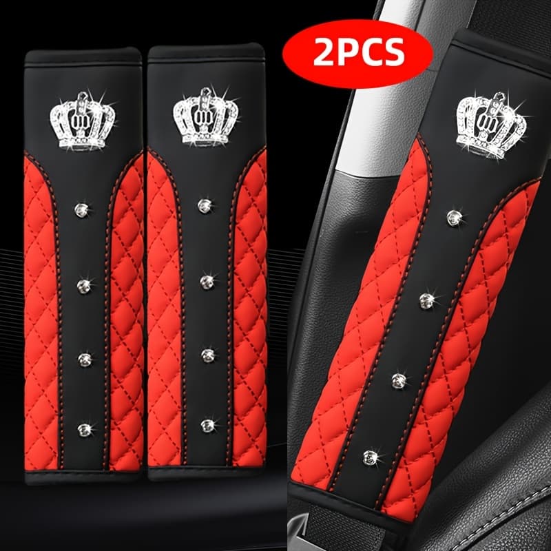 TEMU 2pcs Diamond-embellished Crown Car Seat Belt Shoulder Pads, Pu Leather Quilted Design - Fashionable And Wear-resistant, Size Seat Belt Protector Car Accessories