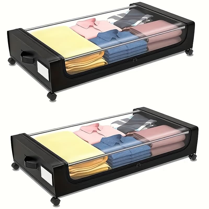 TEMU 2 Pack Under Bed Storage With Wheels: Xxl 48l Underbed Storage Containers With Clear Lids - Rolling Drawers & Bins For Shoes Clothes In Dorm Bedroom - Space-saving -out, Black