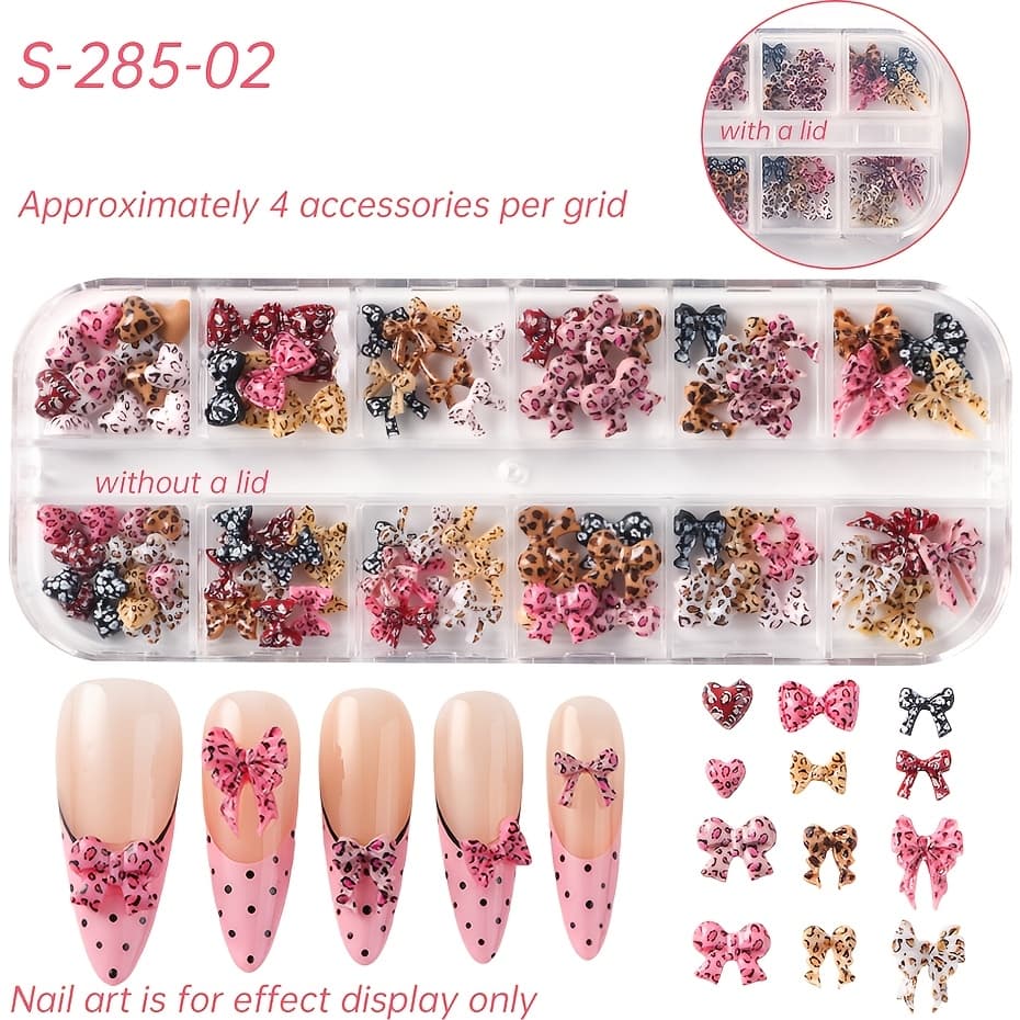 TEMU 12-grid Leopard Pattern Bow Nail Charms, Popular European & American Trendy Style Polka Dot Leopard Print Bow 3d Nail Decorations Assorted Nail Art Additions
