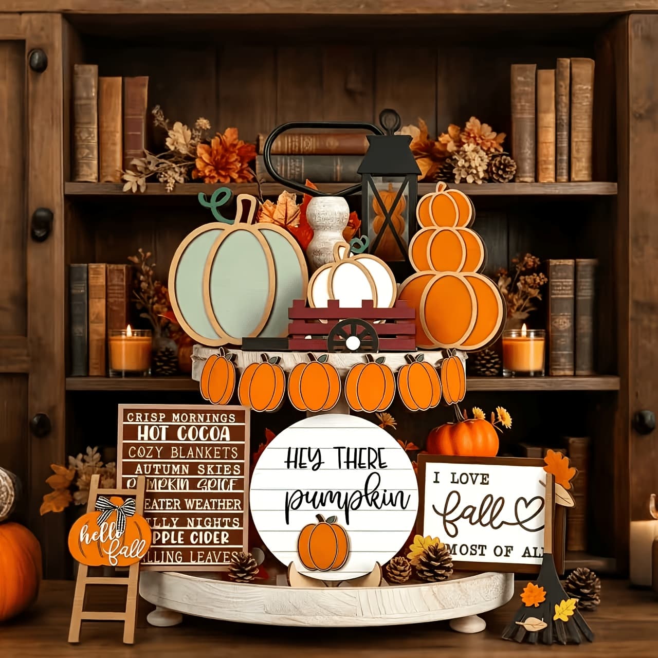 TEMU 16pcs Thanksgiving Fall Tiered Tray Decorating Set - Fall Pumpkin Leaf Rustic Farmhouse Decorative Tray - Home Kitchen Wooden Tabletop Sign (rustic)