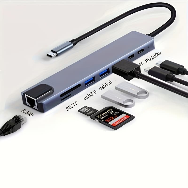 TEMU A Multifunctional Usb-c With 8 Ports That Supports 4k Hdtv Output, 3937.01 Inch Rj45 Port, Sd/tf Card Reader And Fast Charger, Compatible With Macbook And Windows Laptops