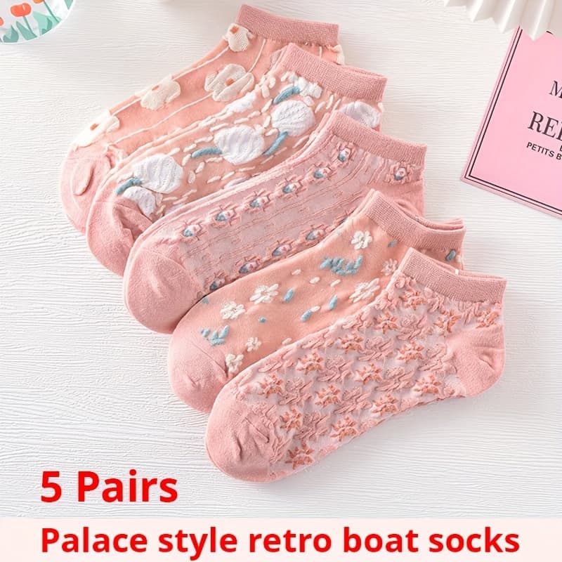 TEMU 5 Pairs Women's Pink Short Socks - Hollow Out Dark Floral Cute Women's Boat Socks