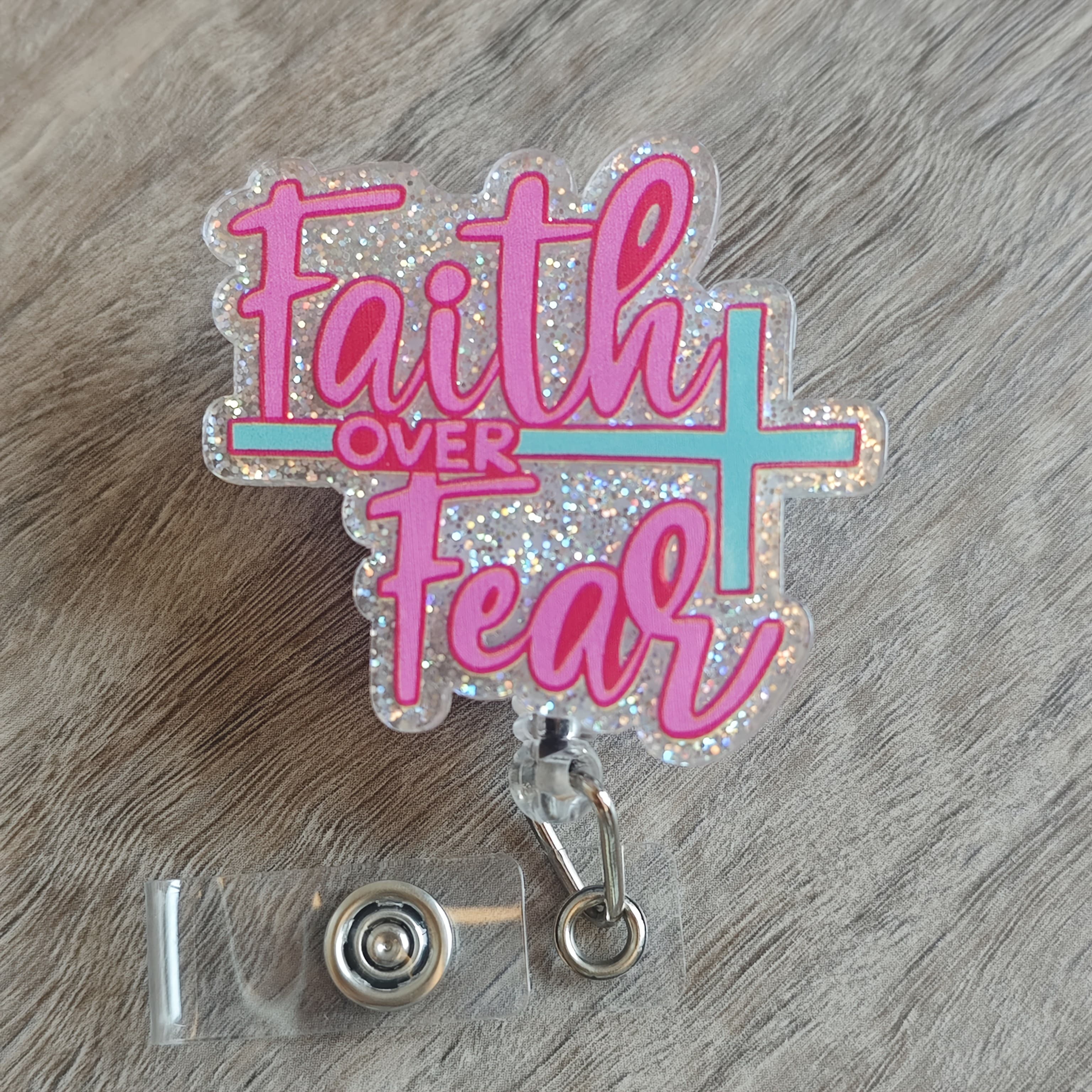 TEMU [2d Flat]1pcs "faith Over Fear" Retractable Badge Reel Id Holder - Ideal For Staff, Licensed Practical Nurses, Lpns, Cnas - Durable Nurse Badge Holder And Attachment |, 2d Flat