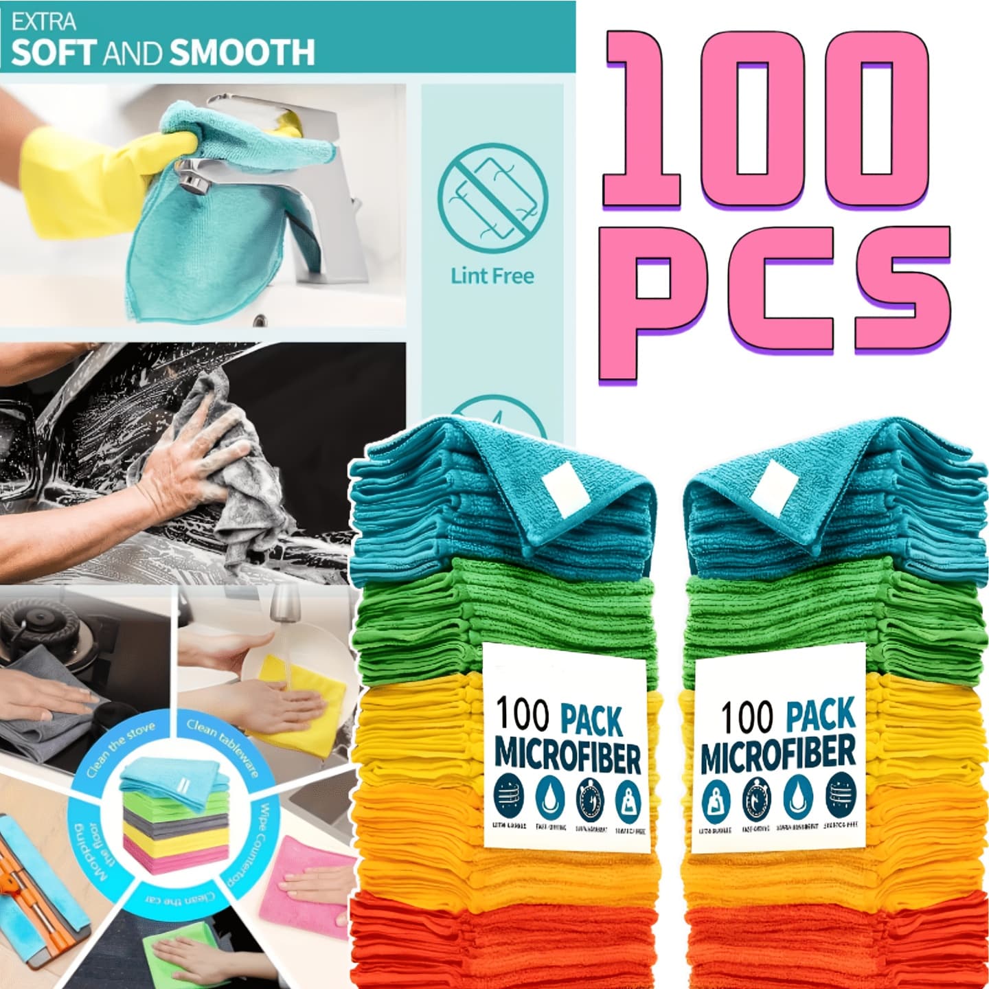 TEMU 100pcs High- Cleaning Cloths - Super Absorbent And Fast-drying, Streak-free And . Ideal For Kitchen, Bathroom, Car And Furniture. Durable And Reusable Cleaning Towels. Colorful Bulk Set.