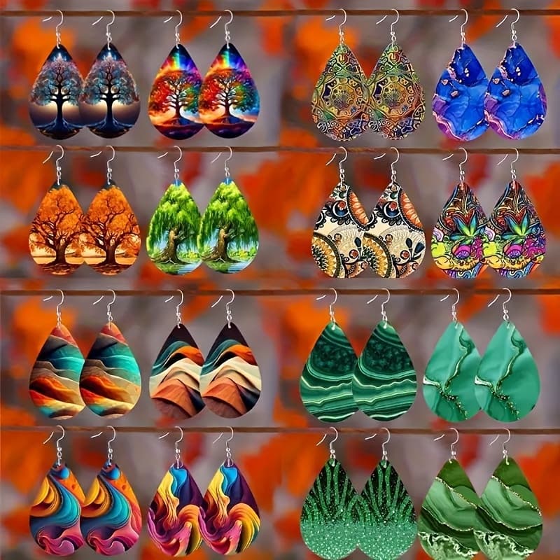 TEMU 16 Pairs/set Of Artistic Style Colorful And Multi Colored Leather Tear Drop Pendant Earrings, Suitable For Women' And Celebration Clothing Matching Decoration