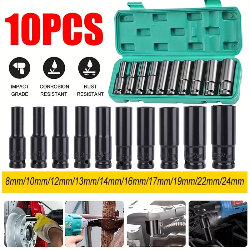 TEMU 35/10pcs, Professional 1/2-inch Drive Metal Socket Pneumatic Set With Hex Extension Bar, Compatible With Rotary Tools. Universal Tool Kit For Car Maintenance