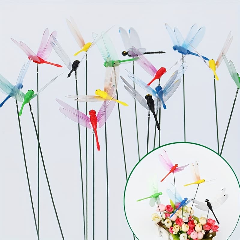 TEMU 10pcs Outdoor Garden Decorative Ground Inserts, Pvc Waterproof Colorful Dragonfly Decor, Potted Flower Vase Bouquet Decoration, Garden Decorations
