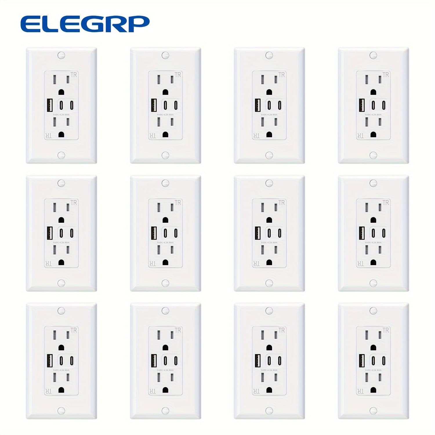 TEMU Elegrp 12 Pack, White Usb Outlets, 15 Amp Wall Outlet With 3 Usb Ports, Dual Usb C Ports Outlets, Tr Tamper-resistant Usb Outlets Receptacles, Wall Plate Included
