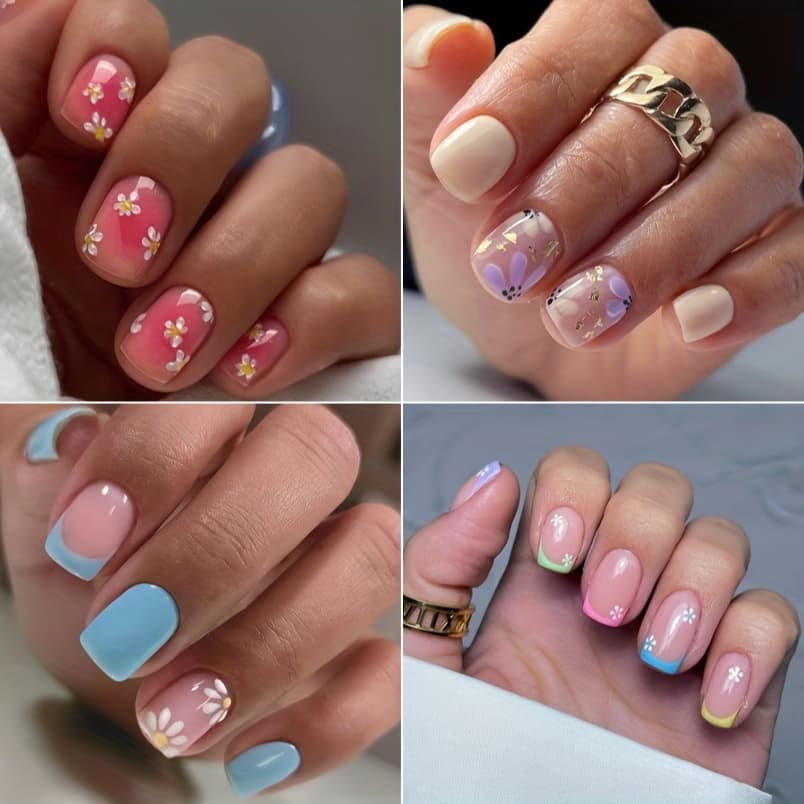 TEMU Set Of 96 Square-shaped On Nails, Featuring Short And Adorable Floral Designs, Made Of Acrylic, Perfect For Women And