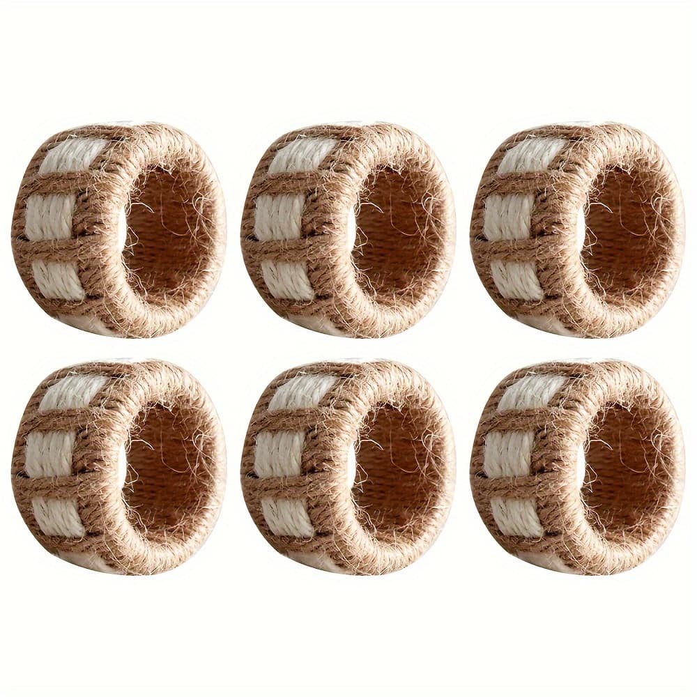 TEMU 6-piece Set Natural Material Woven Napkin Rings - Handcrafted Burlap Cylinder Napkin Holders, Break & Abrasion Resistant, Ideal For Home , Dining Decor & Parties