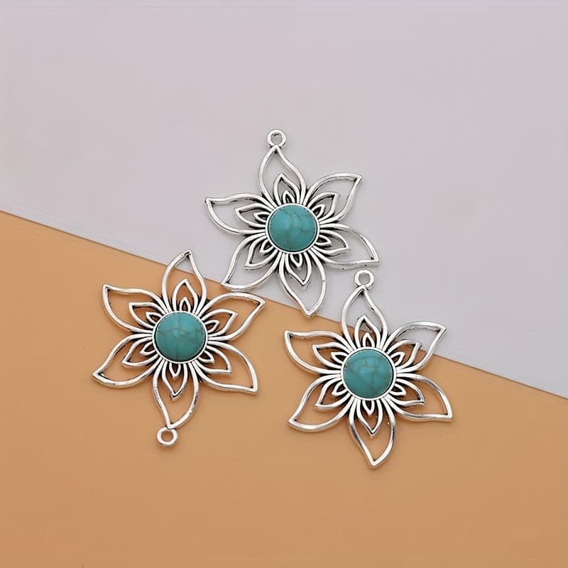 TEMU 3pcs Hollow Blue Bead Flower Charm Pendant Blue Bead Flower Charms Antique Silvery Plated Small Business Supplies Alloy Plated Pendant Charms Making Necklace/earrings Pendant For