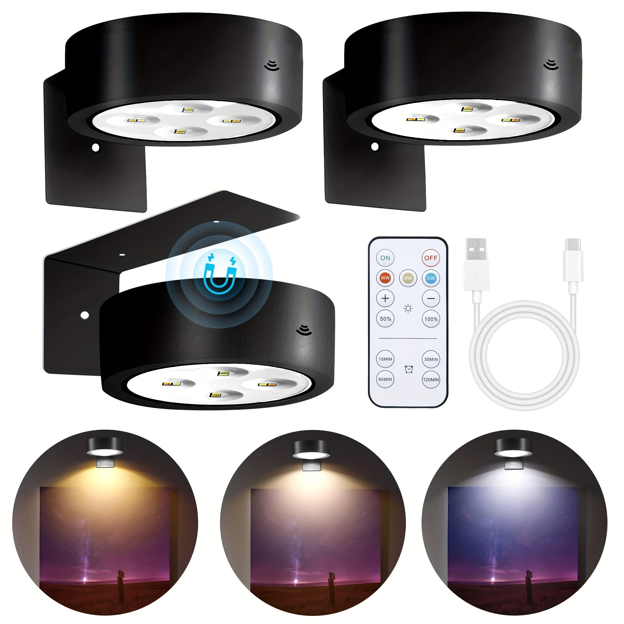 TEMU 3pack Picture Lights For Wall, Rechargeable Battery Operated Led Painting Light With Remote Control Dimmable & Timer, 3 Lighting Magnetic Art Display Light, Wireless Wall Decor Puck Light, Black