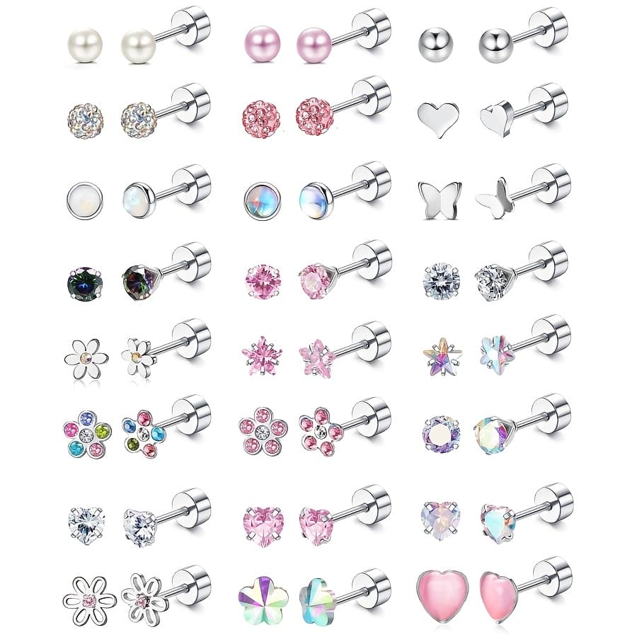 TEMU Shzyln24 Pairs Of Girl And Lady Earrings - 316l Stainless Steel Stud Earrings, Cute Cz 4mm Mini Flat Back Screw Earrings Set., For Teenager