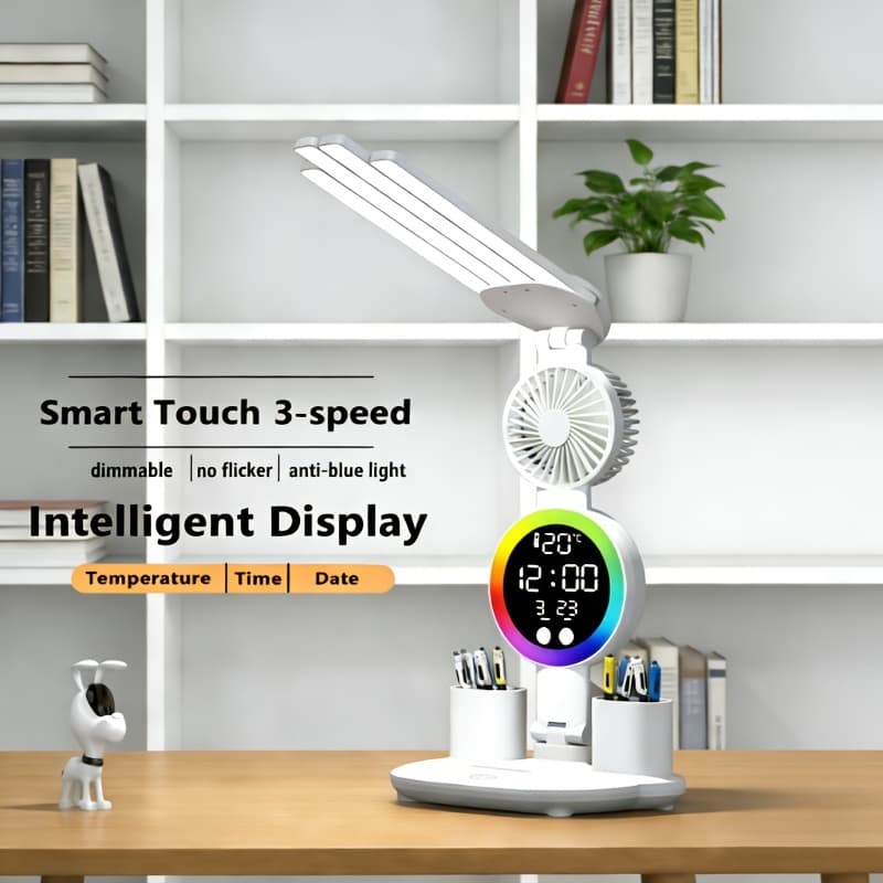 TEMU Smart Touch Led Desk Lamp With Usb - Dual-head, Dimmable And Color-changing Reading Light, Built-in Fan And Night Light, Eye- Design, Perfect For Home Office And Dorm Study - No Battery Required