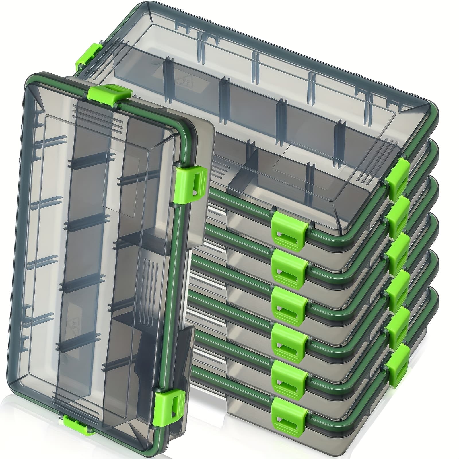 TEMU Set Of 6 Airtight Plastic Fishing Tackle Boxes, Storage Organizers With Adjustable Dividers For Lures, Bait, And Hooks