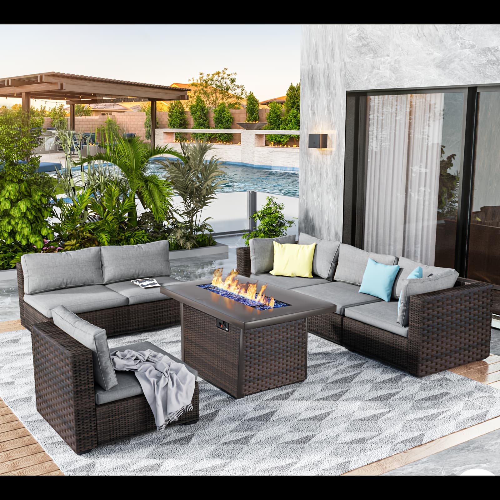 TEMU 7pcs Outdoor Sectional Patio Furniture Set With Fire Pit Table Pe Rattan Wicker Patio Sectional Conversation Set With Cushions