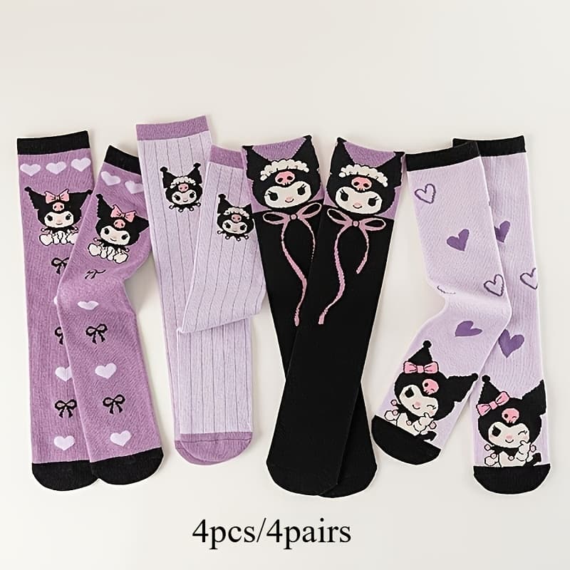 TEMU Licensed 4 Pairs Kuromi Women's Knee-length Socks, Heart Pattern, Purple Series, Minimalist And Versatile, Hand Washable - 200g/m²