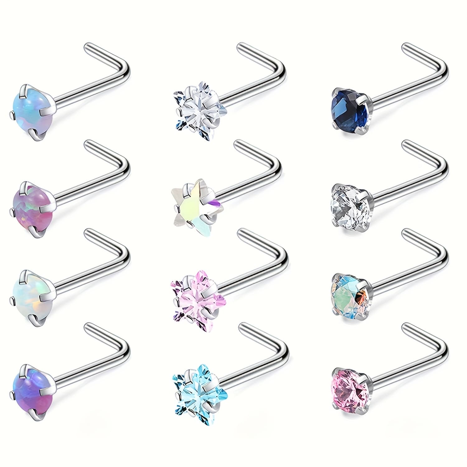 TEMU Hypoallergenic Nose Rings 12pcs 0.8mm/1.0mm Surgical Stainless Steel Nose Rings Studs L Shaped Screw Studs Rings Cubic 3a Zirconia Nose Ring Labret Lip Nose Piercing Jewelry For Women Men
