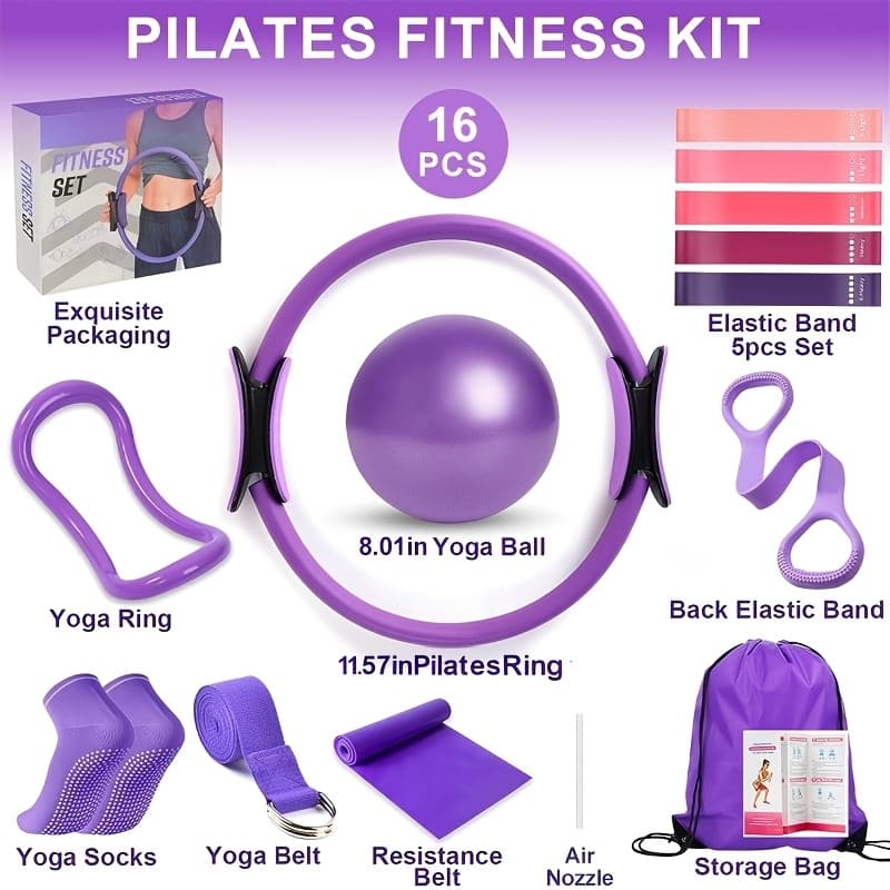TEMU 16pcs Exercise Equipment Set, Made Of Silicone With For Safe Use. Includes Pilates Rings, , A Yoga Ball, And Other Accessories. Color Options, Suitable For Yoga And