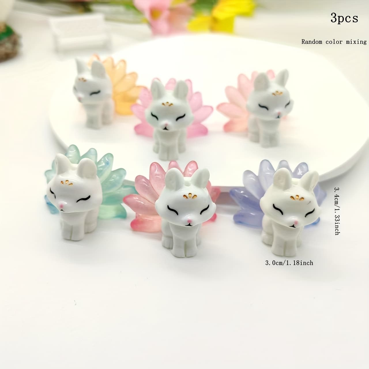 TEMU 3pcs3.0*3.4cm Random Mixed Color/monochrome Stereo Resin Vertical Hole Nine-tail Fox Decoration Production, Home Decoration, Car Decoration