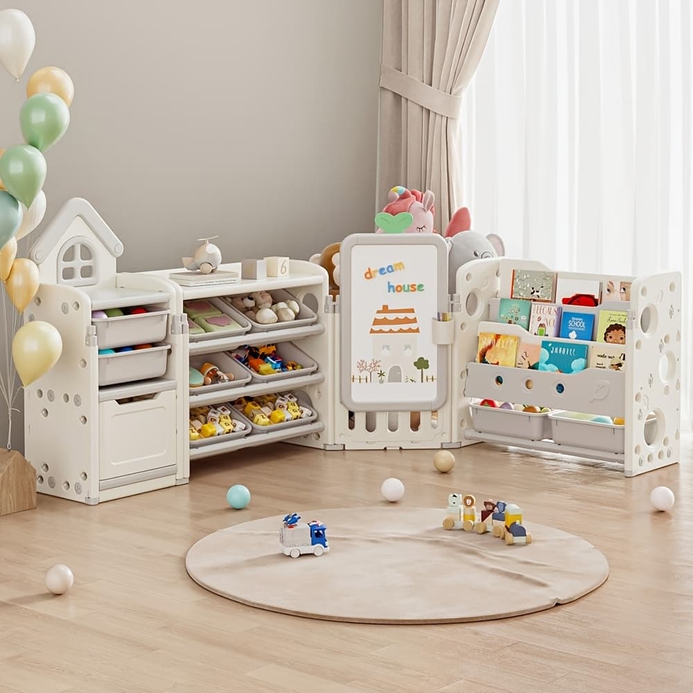 TEMU A Versatile Storage Solution For Featuring 10 Detachable Bins And A 3-tier Bookshelf, Serving As A Multifunctional Organizer With A Drawing Board, Perfect For A Bedroom, Playroom, Or Living Area