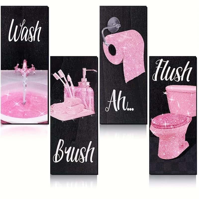 TEMU 4pcs Women Funny Wall Art Bathroom Decor 9.84 X 3.94 X 0.2 Inch Glam Bathroom Wall Decor Modern Women Funny Bathroom Wood Hanging Decors For Home Bathroom(sweet, Pink)