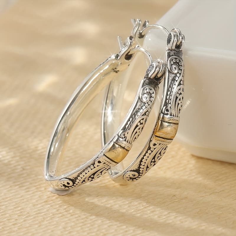 TEMU 1 Pair Of Silvery Hoop Earrings With Vintage Pattern Carvings, Women's Ethnic Tribal Earrings, Creative Earrings, Suitable For Wearing At Festival Parties