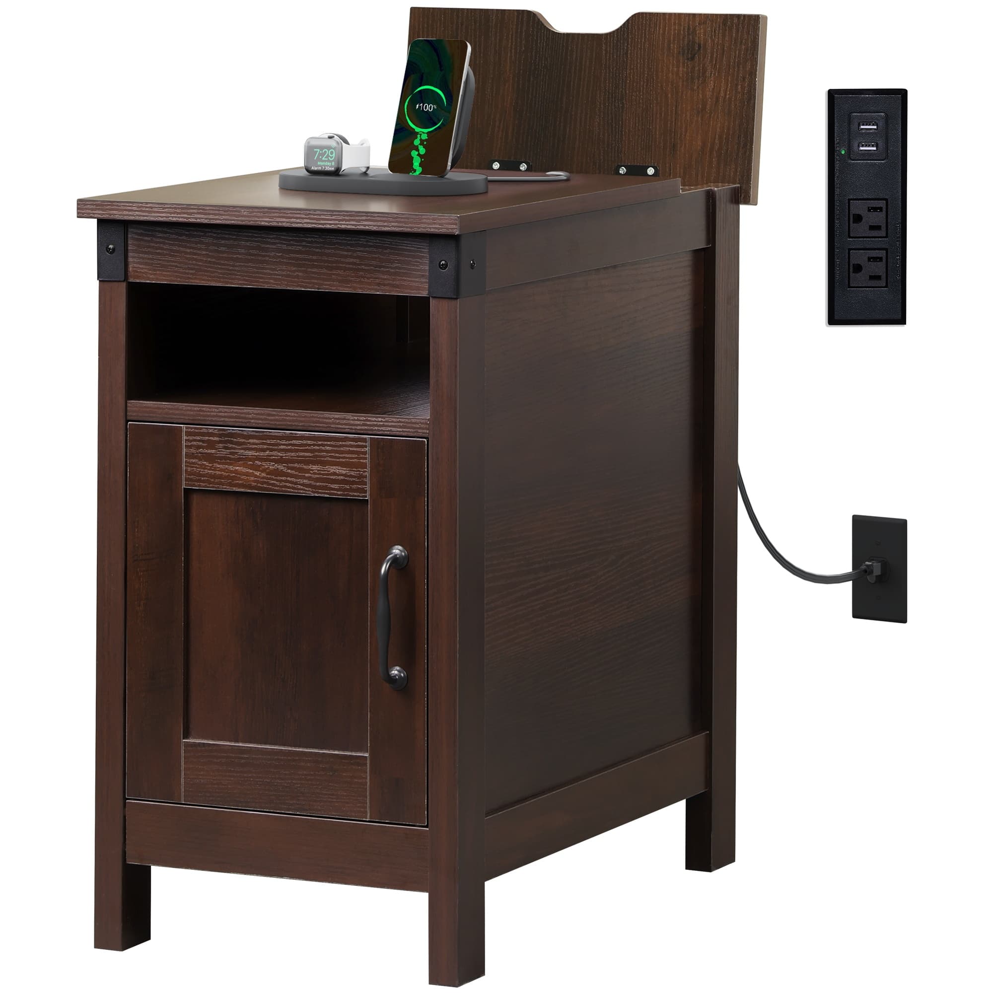 TEMU Farmhouse End Table With Charging Station, Couch With Usb Ports And Outlets For Small Spaces, Nightstand With Storage, Narrow Side Table For Living Room, Bedroom