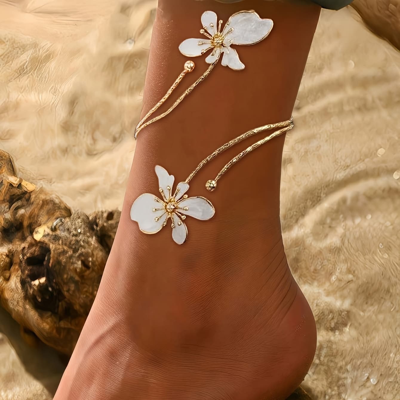 TEMU 1pc Fashionable Individual Elegant Geometric Line 3d Flower Adjustable Anklet For Daily Party Vacation Gathering Wear