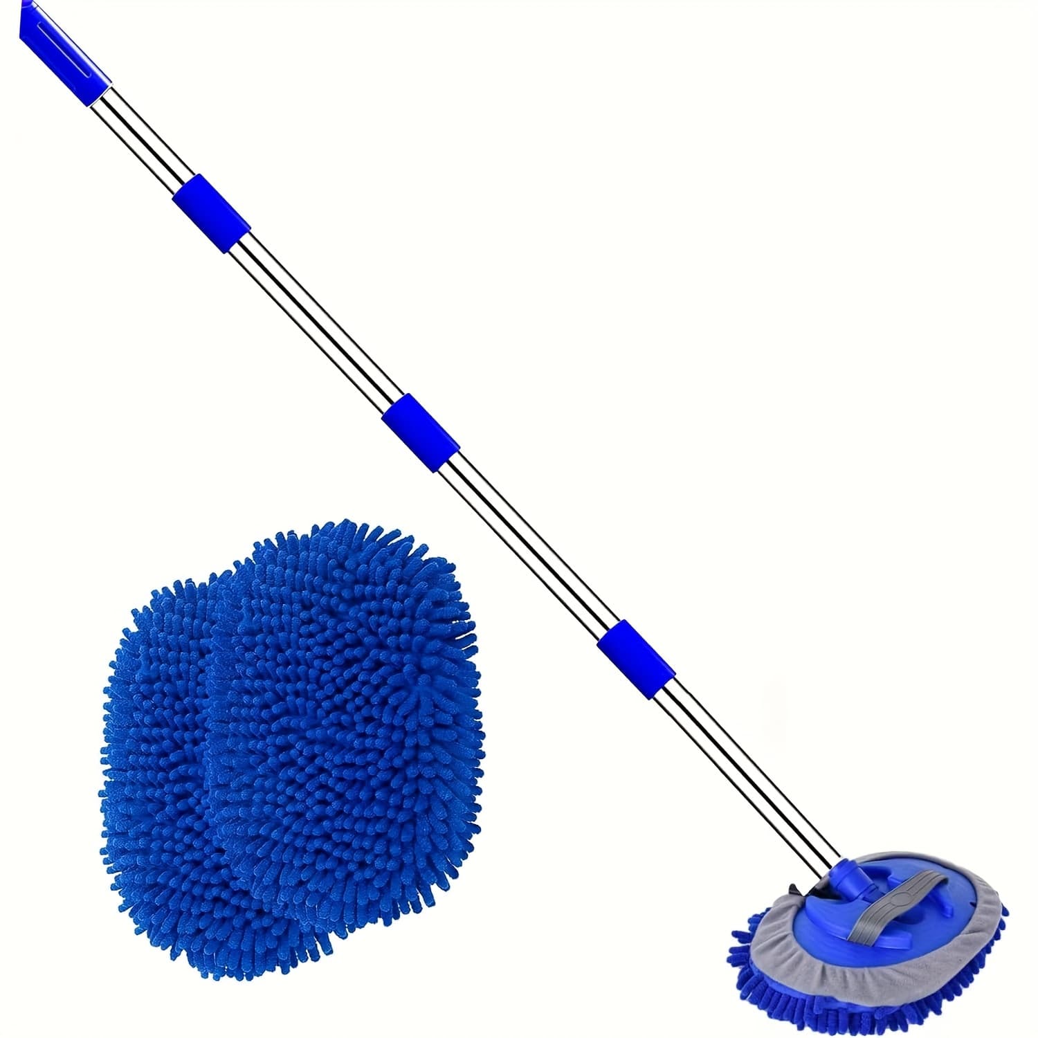 TEMU 62" Car Wash Brush Mop Kit With Long Handle, 2in 1 Chenille Microfiber Sponge Mitt Cleaning Detailing Duster For Washing Cars Truck Suv Rv Caravans And Household(2 Head)(blue)
