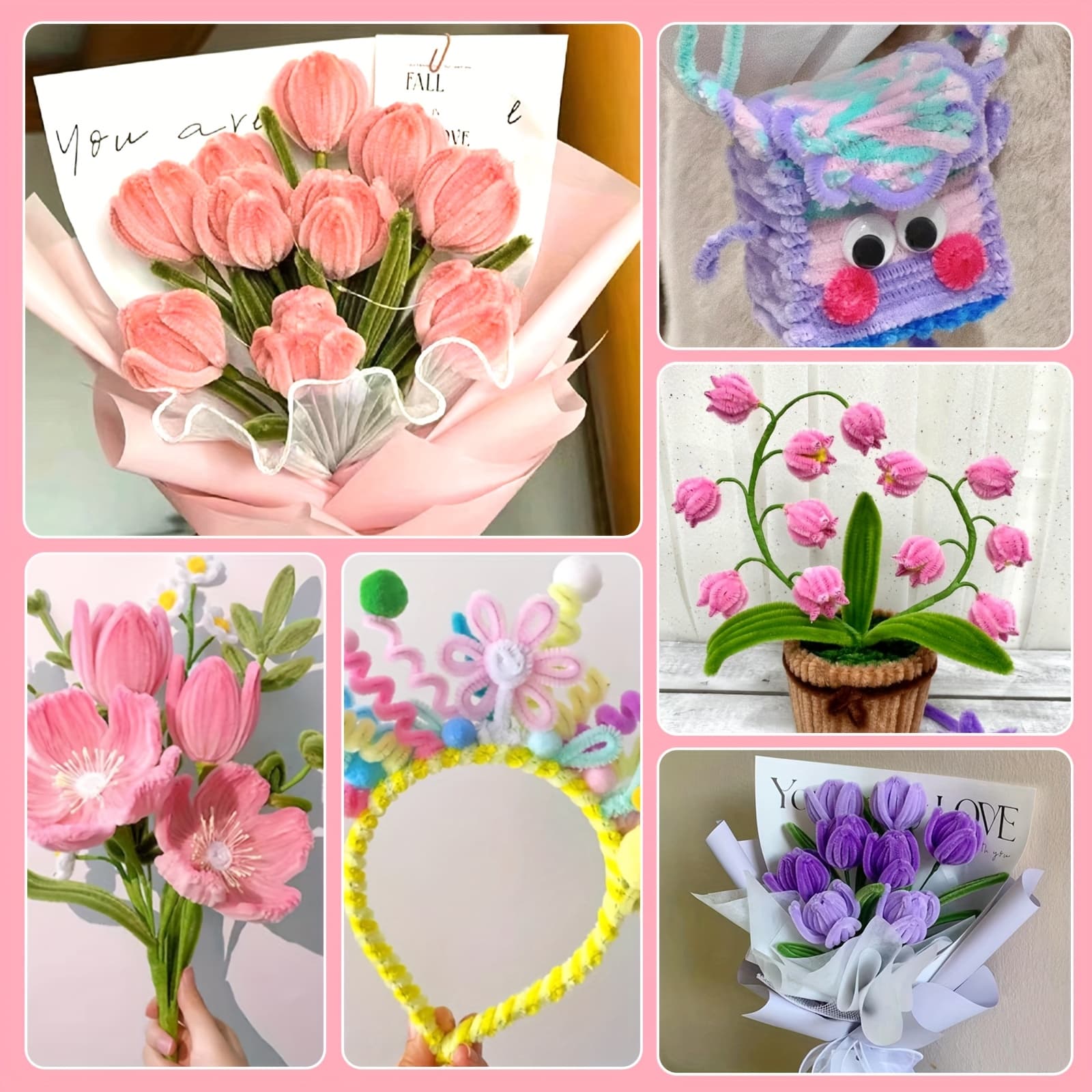 TEMU 500pcs 5 Colors Pipe Cleaners With 20pcs Flower Stem For Bouquet Diy Art And Craft Projects